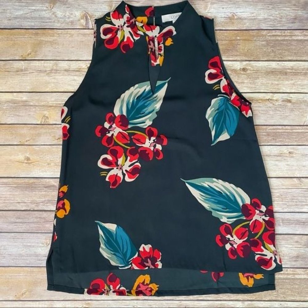 LOFT Dark Green Floral Print Peephole Sleeveless Top - Picture 4 of 10